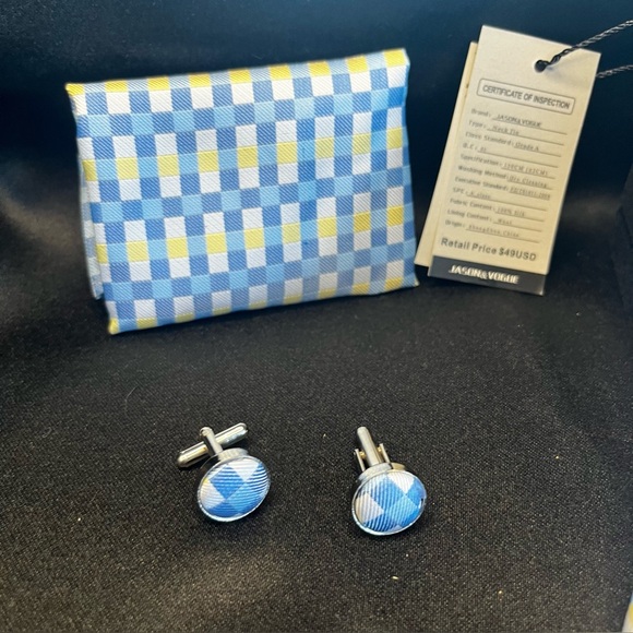 NWT-Silk Blue and Yellow Checkered Tie Set - Picture 3 of 4